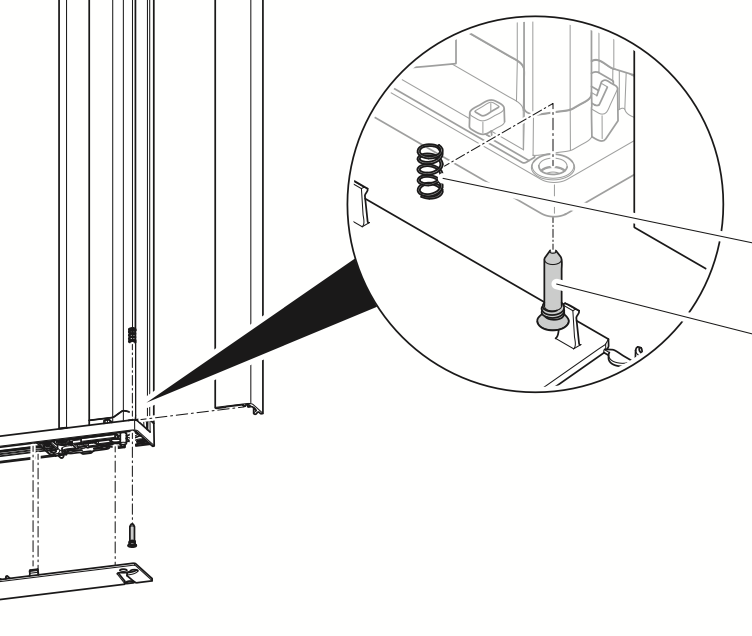 A detailed drawing of the hinge pin and spring, and how it fits into the door