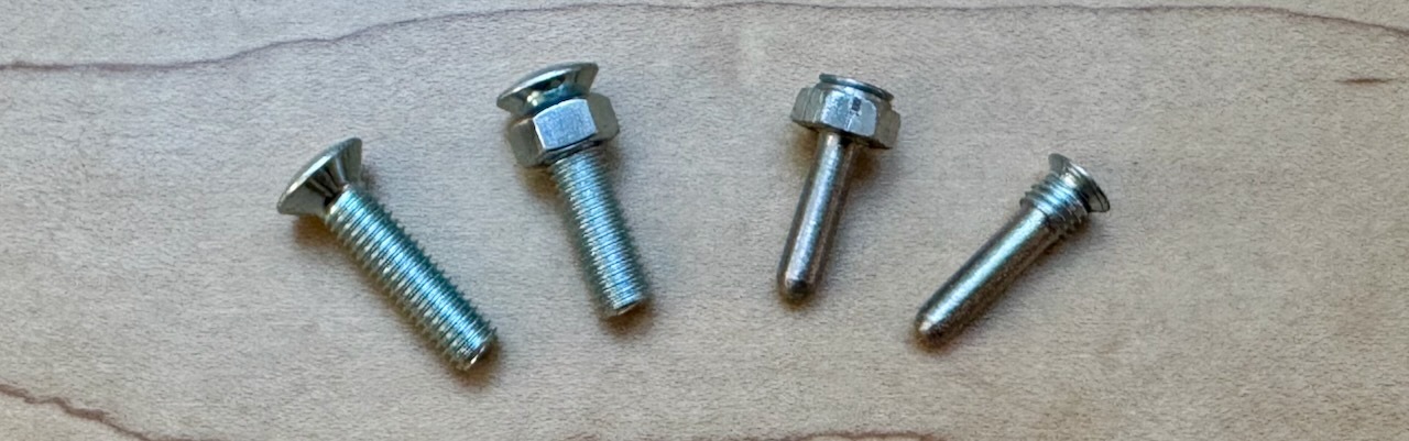 A photo of the sequence of a screw being ground down into a replacement hinge pin